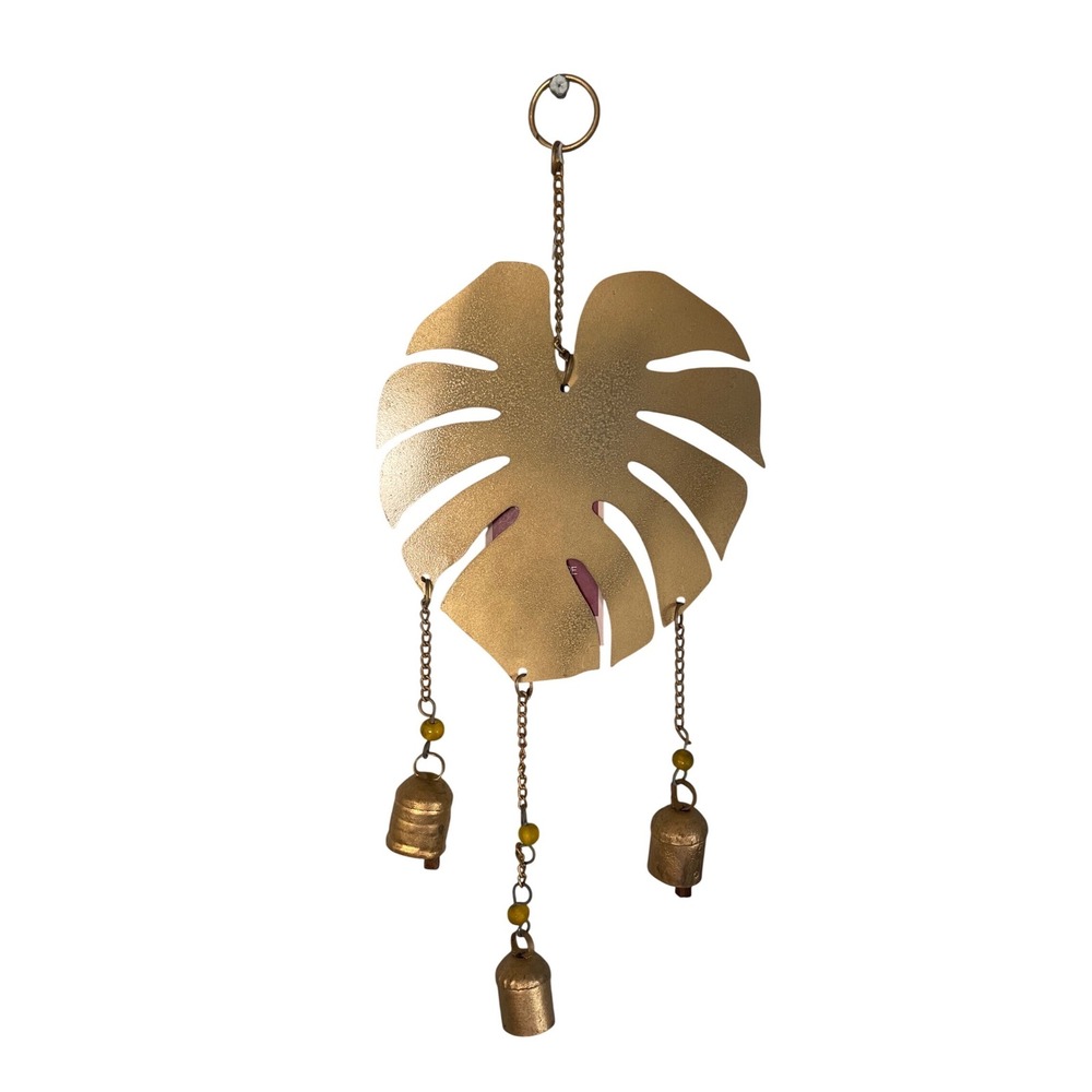 Mira Fair Trade Monstera Leaf Wind Chime Gold Recycled Metal Bells India New
